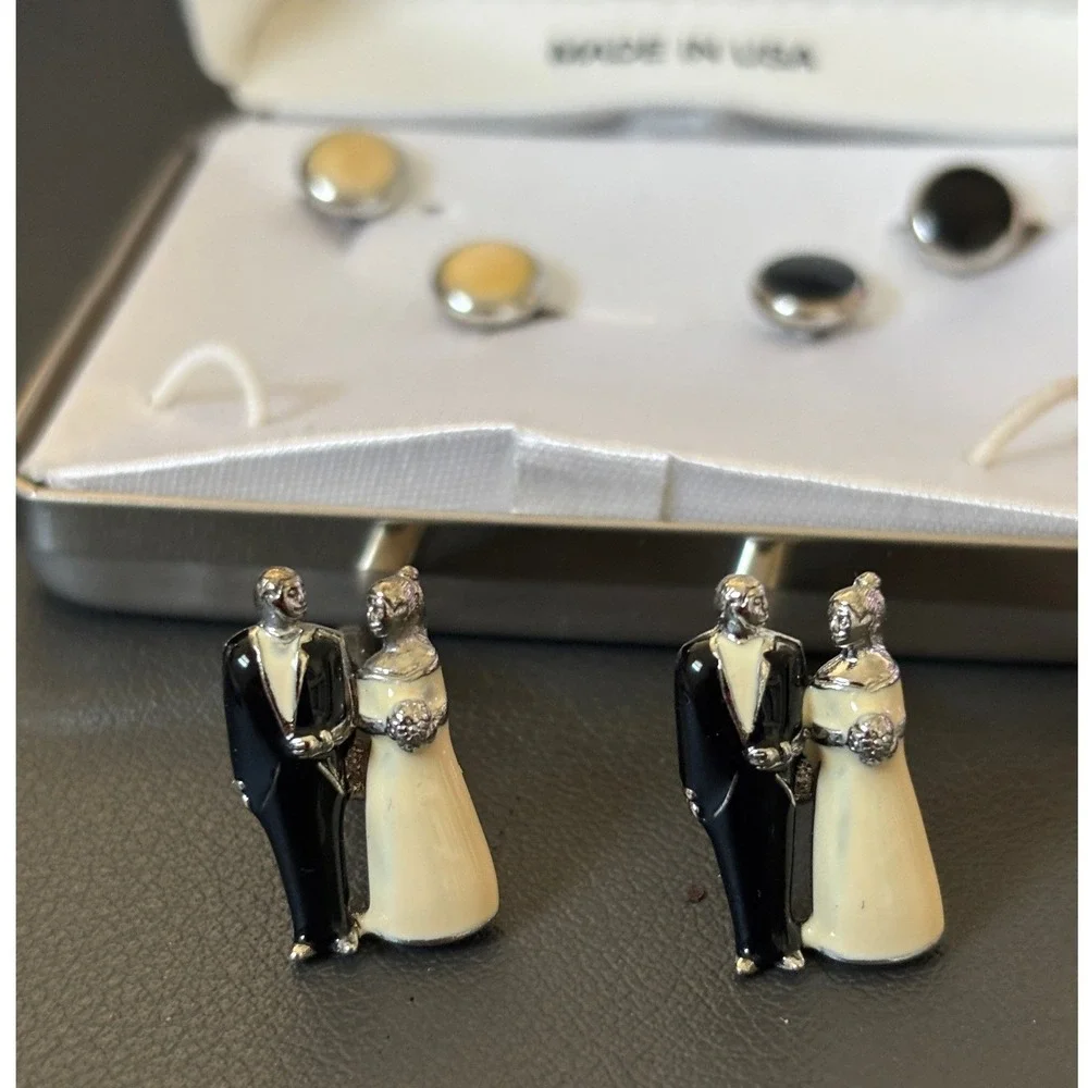 Jascott Vintage Bride N Groom Cufflinks and Studs Set Wedding Tuxedo Made in USA
